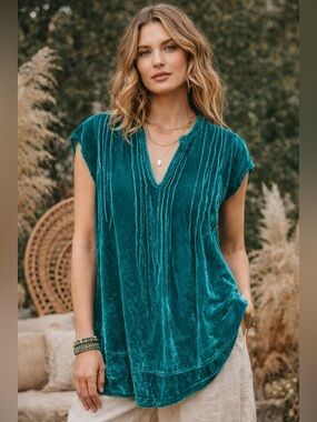 CP Shades Teal Velvet Tunic Top Small Pintuck V-Neck Boho Lagenlook Silk Blend